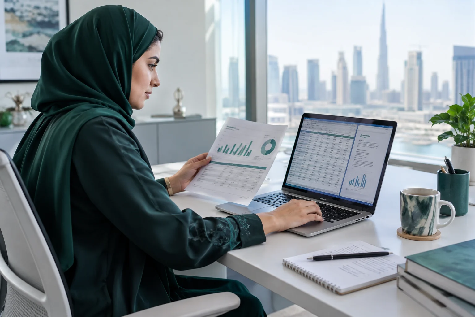 Illustrative finance professional reviewing a spreadsheet