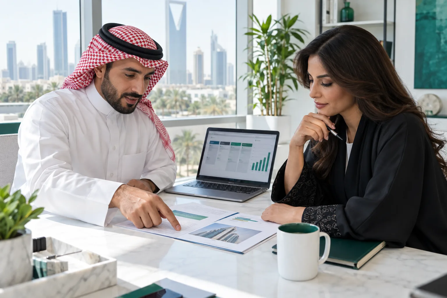 Illustrative sales professionals reviewing a client proposal and pipeline
