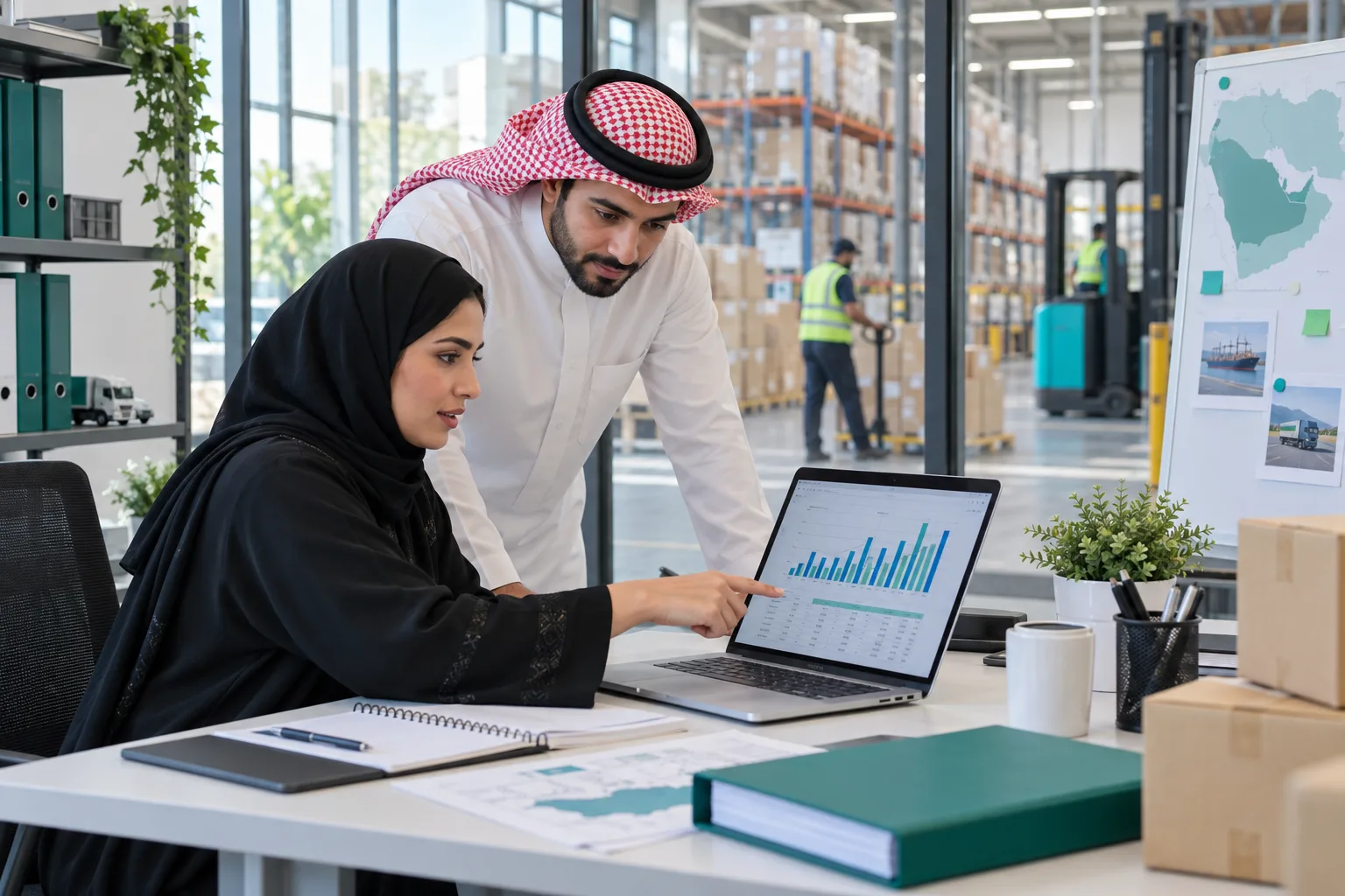 Illustrative supply chain planners reviewing inventory in a warehouse office