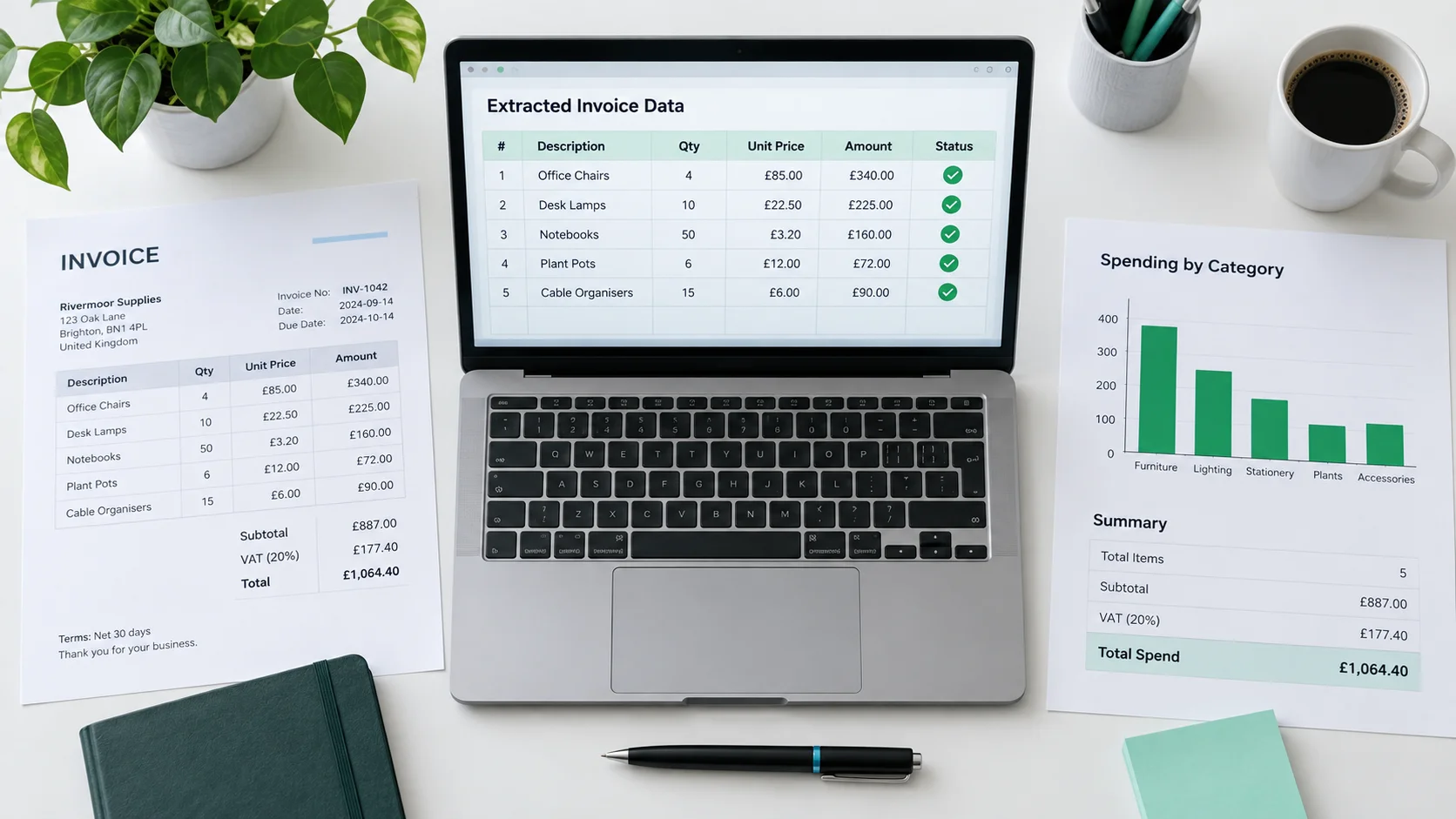 Illustrative document extraction workflow with an invoice, spreadsheet and report